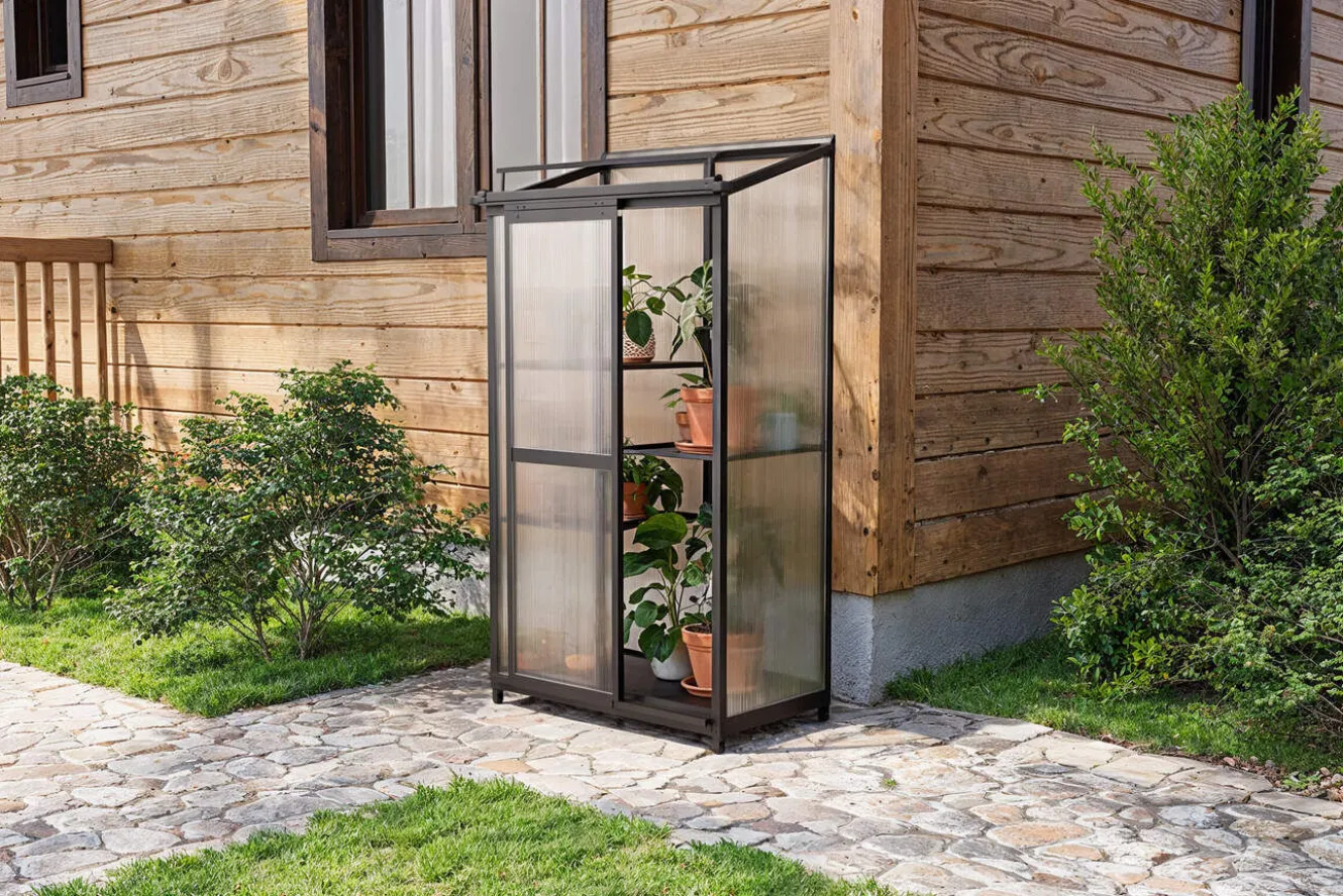 OUTFLEXX Verde Smart Balkon-Gewächshaus, schwarzer Rahmen, Aluminium/Polycarbonat, 91 x 51 x 166 cm, UV-beständig, pulverbeschichtet, mit Tür und Regalböden