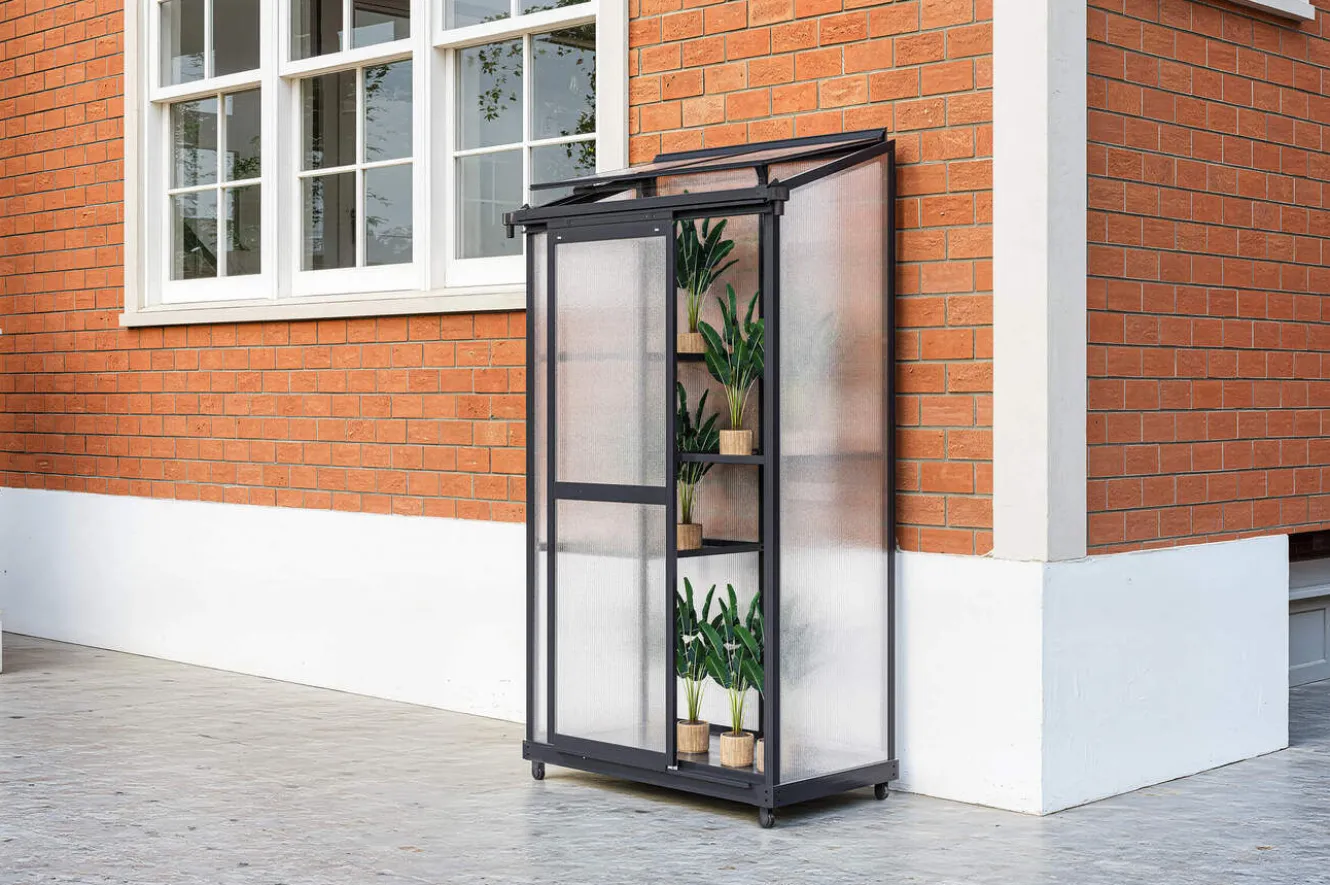 OUTFLEXX Verde Smart Balkon-Gewächshaus, schwarzer Rahmen, Aluminium/Polycarbonat, 91 x 51 x 166 cm, UV-beständig, pulverbeschichtet, mit Tür und Regalböden