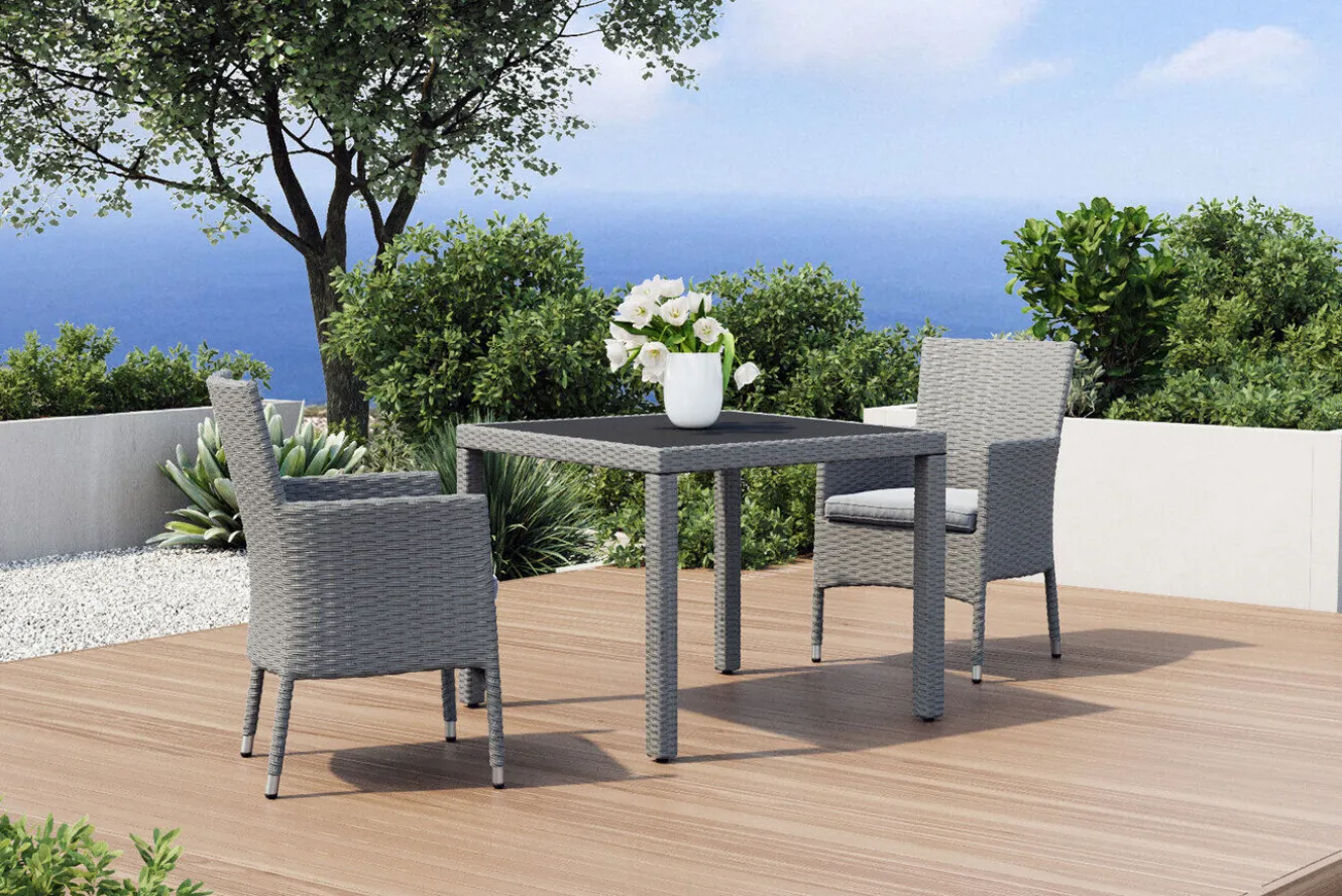 OUTFLEXX Vigo Garten-Essgruppe, stahlgrau-meliert/grau, Alu/Polyrattan/Glas, Tisch 90 x 90 cm, 2 Sessel, Polster Inklusive, Pulverbeschichtet