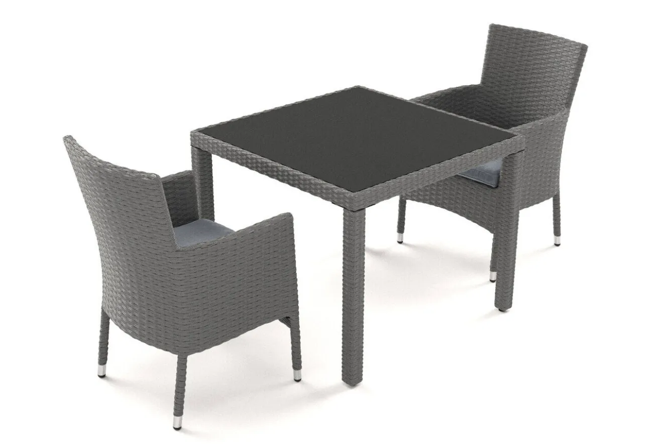 OUTFLEXX Vigo Garten-Essgruppe, stahlgrau-meliert/grau, Alu/Polyrattan/Glas, Tisch 90 x 90 cm, 2 Sessel, Polster Inklusive, Pulverbeschichtet