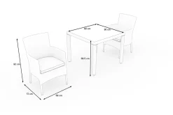OUTFLEXX Vigo Garten-Essgruppe, stahlgrau-meliert/grau, Alu/Polyrattan/Glas, Tisch 90 x 90 cm, 2 Sessel, Polster Inklusive, Pulverbeschichtet