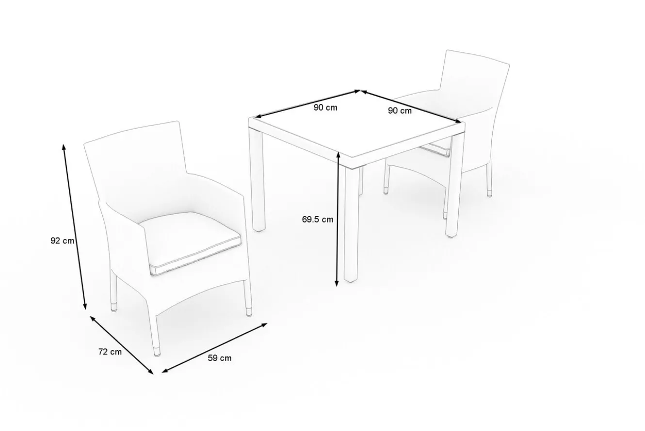 OUTFLEXX Vigo Garten-Essgruppe, stahlgrau-meliert/grau, Alu/Polyrattan/Glas, Tisch 90 x 90 cm, 2 Sessel, Polster Inklusive, Pulverbeschichtet