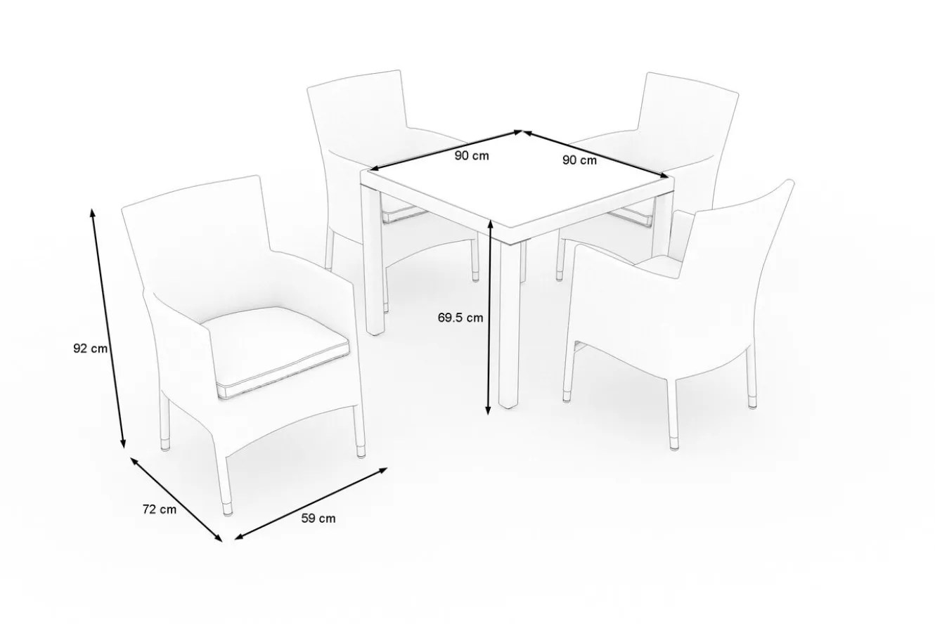 OUTFLEXX Vigo Garten-Essgruppe, stahlgrau-meliert/grau, Alu/Polyrattan/Polyester, Tisch 90 x 90 cm, 4 Sessel