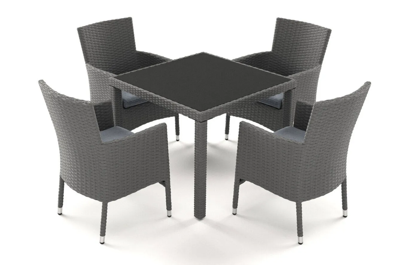 OUTFLEXX Vigo Garten-Essgruppe, stahlgrau-meliert/grau, Alu/Polyrattan/Polyester, Tisch 90 x 90 cm, 4 Sessel