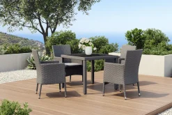 OUTFLEXX Vigo Garten-Essgruppe, stahlgrau-meliert/grau, Alu/Polyrattan/Polyester, Tisch 90 x 90 cm, 4 Sessel