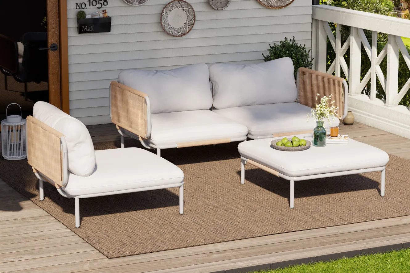 OUTFLEXX Visby Gartenlounge 4-teilig, creme/weiß, Alu/Stahl, inkl. Kissen & Ottomane, elektrophoretisch beschichtet