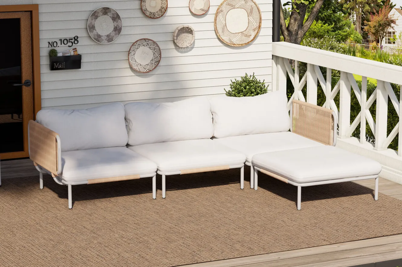 OUTFLEXX Visby Gartenlounge 4-teilig, creme/weiß, Alu/Stahl, inkl. Kissen & Ottomane, elektrophoretisch beschichtet