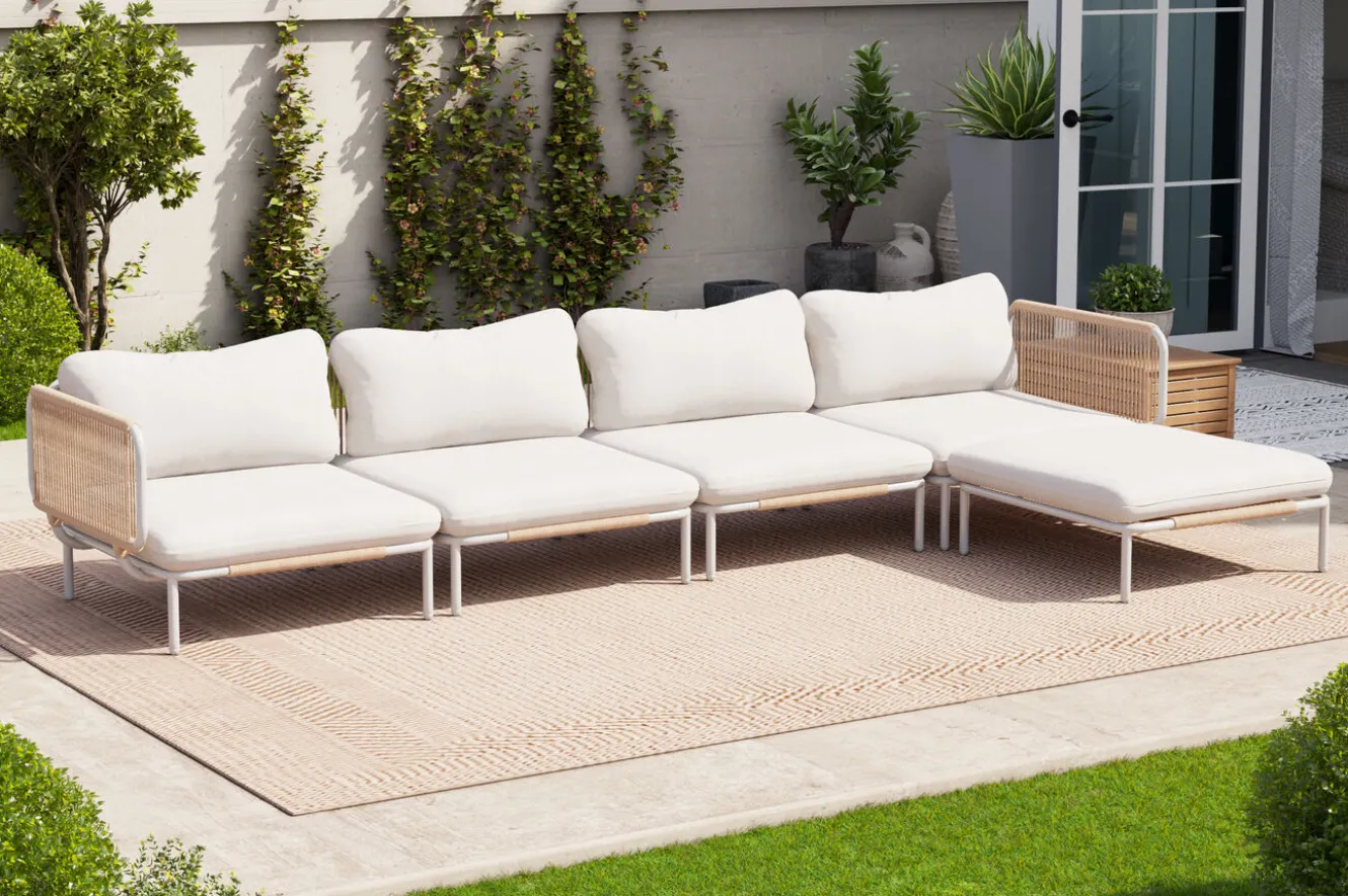 OUTFLEXX Visby Gartenlounge 5-teilig, creme/weiß, Alu/Stahl, inkl. Polster & Ottomane,elektrophoretisch beschichtet