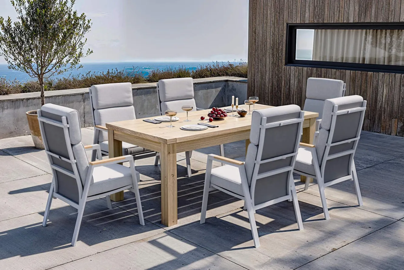 OUTFLEXX Zadar Garten-Essgruppe mit 6 Sesseln, natur/grau, Teak/Aluminium/Textilene, 200 x 100 cm, ergonomisch, verstellbare Rückenlehne
