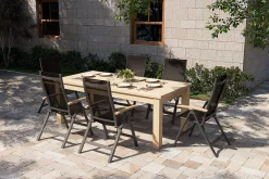OUTFLEXX Zadar Garten-Essgruppe, natur/anthrazit, Alu/Textilene/Teak, Tisch 200 x 100 cm, klappbar, inkl. 6 Sessel
