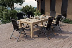 OUTFLEXX Zadar Garten-Essgruppe, natur/anthrazit, Alu/Textilene/Teak, Tisch 200 x 100 cm, klappbar, inkl. 6 Sessel