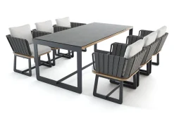 ploss Aurora Garten-Essgruppe mit 6 Sesseln, anthrazit/pale silver, Alu/Polyester/Rope, 200 x 100 cm, Steindekor, inkl. Polster