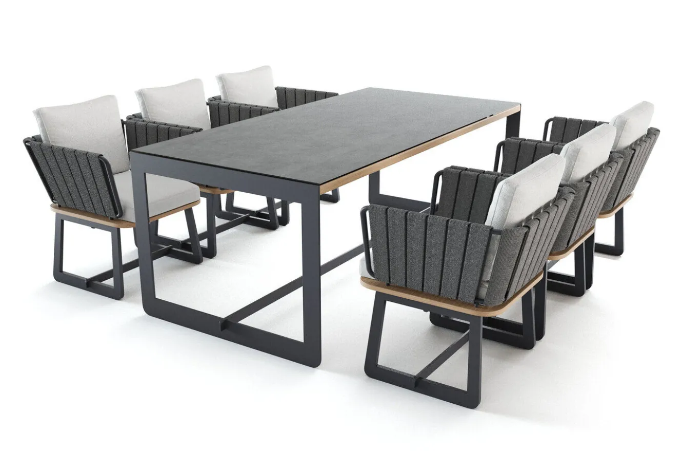 ploss Aurora Garten-Essgruppe mit 6 Sesseln, anthrazit/pale silver, Alu/Polyester/Rope, 200 x 100 cm, Steindekor, inkl. Polster