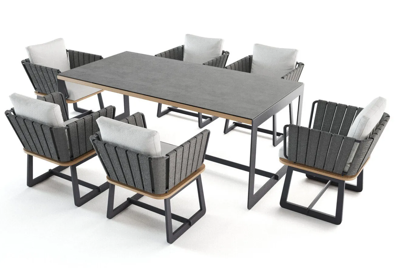 ploss Aurora Garten-Essgruppe mit 6 Sesseln, anthrazit/pale silver, Alu/Polyester/Rope, 200 x 100 cm, Steindekor, inkl. Polster