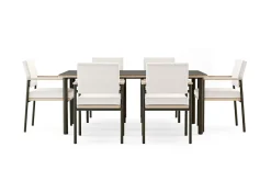 ploss Lunare Garten-Essgruppe, cashmere sand/anthrazit, Alu/Holzdekor/Glas, 180 x 100 cm, 6 Sessel, Quick Dry Foam