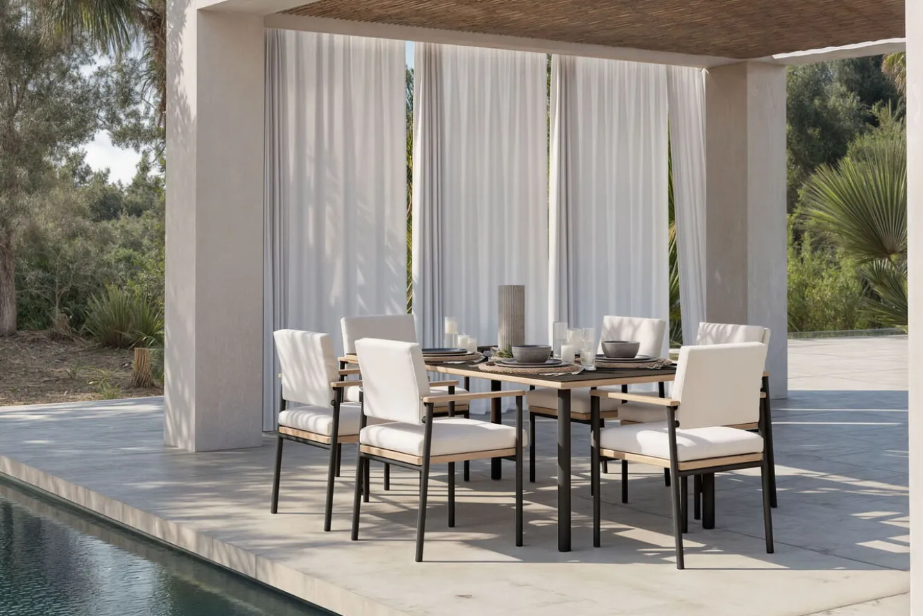 ploss Lunare Garten-Essgruppe, cashmere sand/anthrazit, Alu/Holzdekor/Glas, 180 x 100 cm, 6 Sessel, Quick Dry Foam