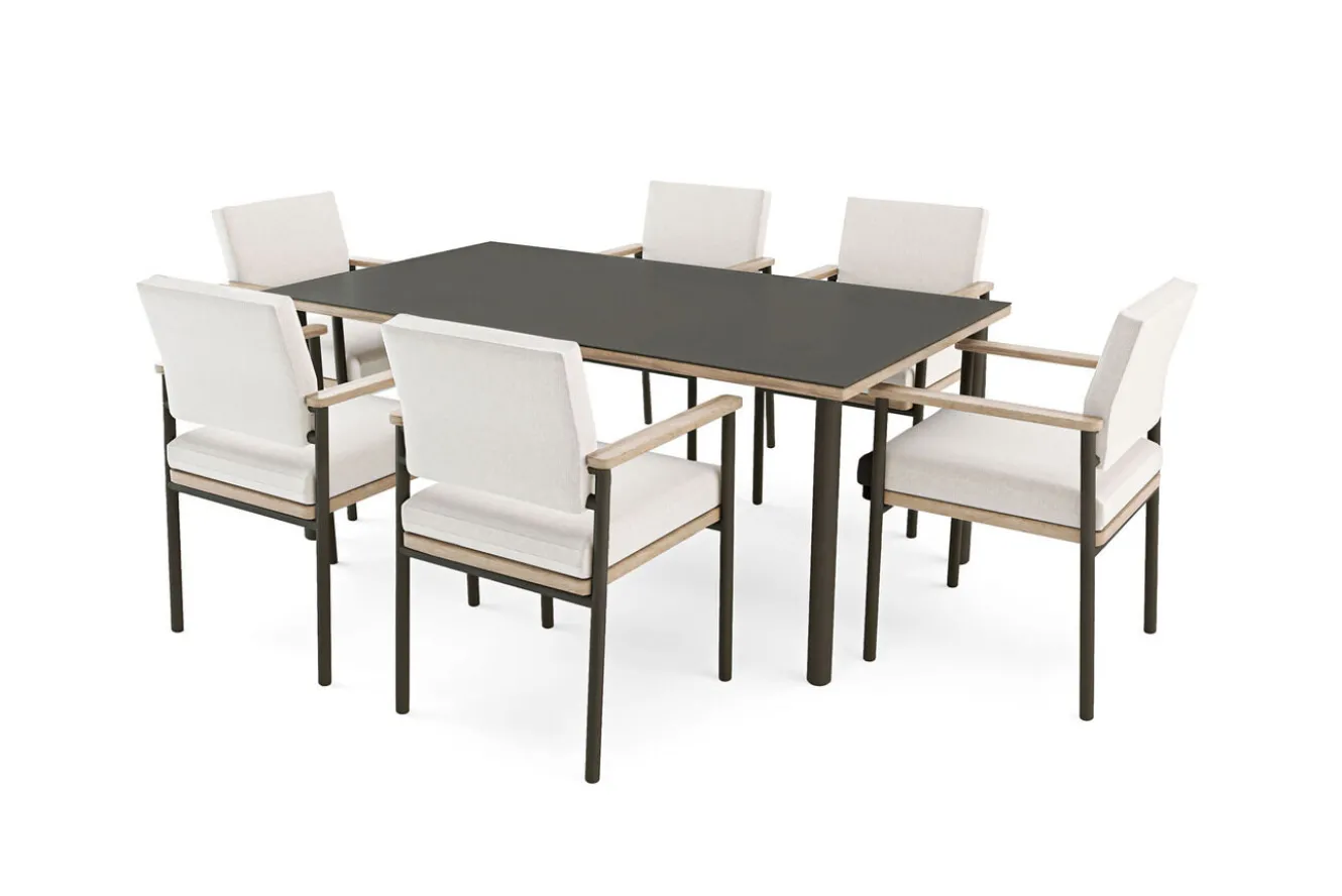 ploss Lunare Garten-Essgruppe, cashmere sand/anthrazit, Alu/Holzdekor/Glas, 180 x 100 cm, 6 Sessel, Quick Dry Foam