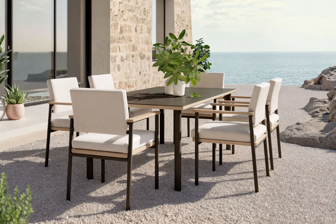 ploss Lunare Garten-Essgruppe, cashmere sand/anthrazit, Alu/Holzdekor/Glas, 180 x 100 cm, 6 Sessel, Quick Dry Foam