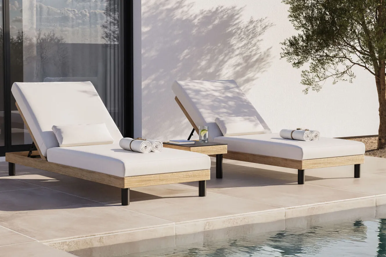 ploss Lunare Gartenliegen 2er Set, anthrazit/ cashmere sand, Alu/Polyester/Schaumstoff, 205 x 90 cm, 6-fach verstellbar, inkl. Beistelltisch