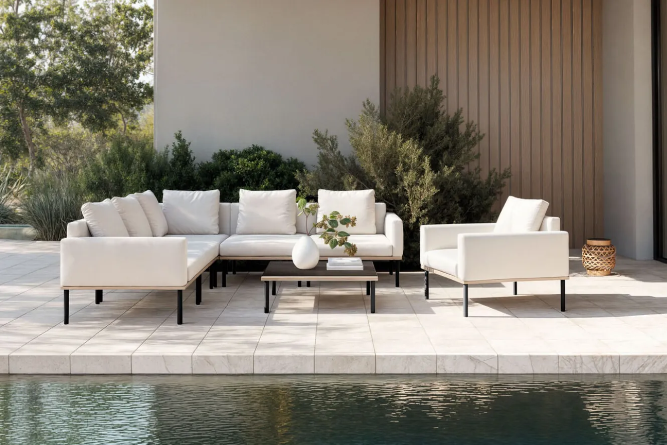ploss Lunare Light Plus Gartenlounge, cashmere sand/anthrazit, Aluminium, Tisch 86 x 86 cm, Holzdekor, inkl. Einzelsessel