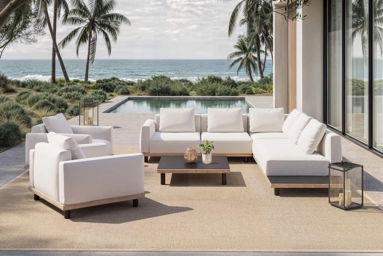 ploss Lunare XL Gartenlounge, cashmere sand/anthrazit, Aluminium, mit Holzdekor, Tisch 90 x 90 cm, Quick Dry Foam, inkl. Kissen