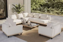 ploss Lunare XL Gartenlounge, cashmere sand/anthrazit, Aluminium, mit Holzdekor, Tisch 90 x 90 cm, Quick Dry Foam, inkl. Kissen