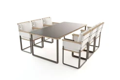 ploss Reverie Garten-Essgruppe mit 6 Sesseln, anthrazit/creme, Alu/Polyester/Rope, 200 x 100 cm, Holzoptik, inkl. Polster