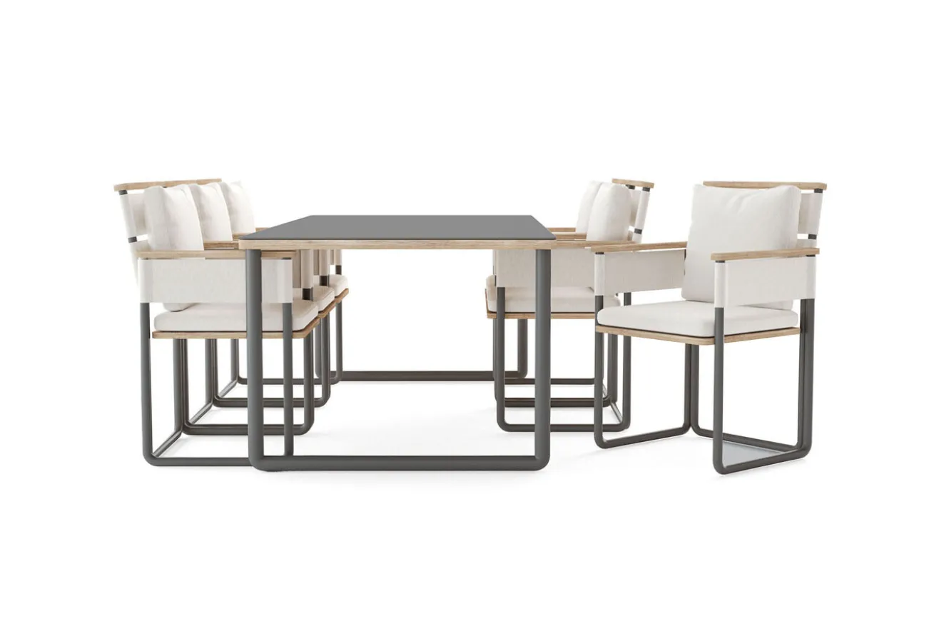 ploss Reverie Garten-Essgruppe mit 6 Sesseln, anthrazit/creme, Alu/Polyester/Rope, 200 x 100 cm, Holzoptik, inkl. Polster