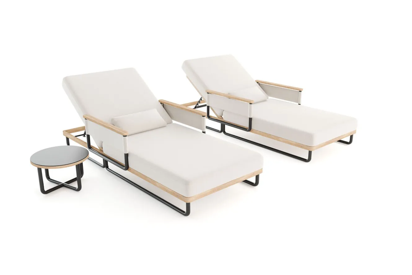 ploss Reverie Gartenliegen 2er Set, creme/anthrazit, Aluminium/Polyester, Holzdekor, 200 x 82 cm, verstellbar, inkl. Beistelltisch