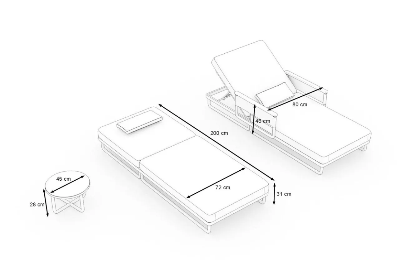 ploss Reverie Gartenliegen 2er Set, creme/anthrazit, Aluminium/Polyester, Holzdekor, 200 x 82 cm, verstellbar, inkl. Beistelltisch