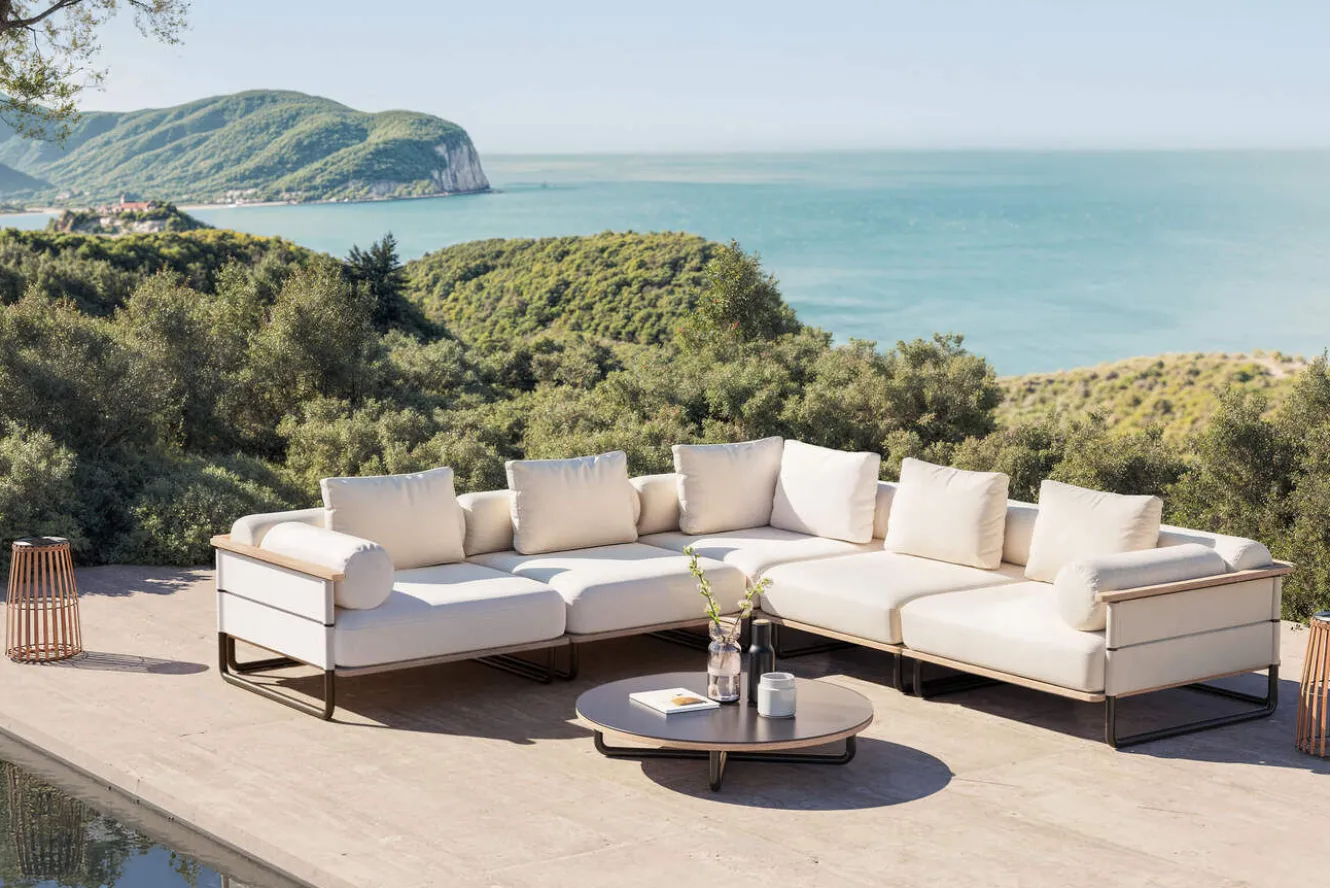 ploss Reverie M Gartenlounge, creme/anthrazit, Aluminium/Polyester/Glas, 90 x 90 cm, wetterfest, Rope-Design, Holzdekor