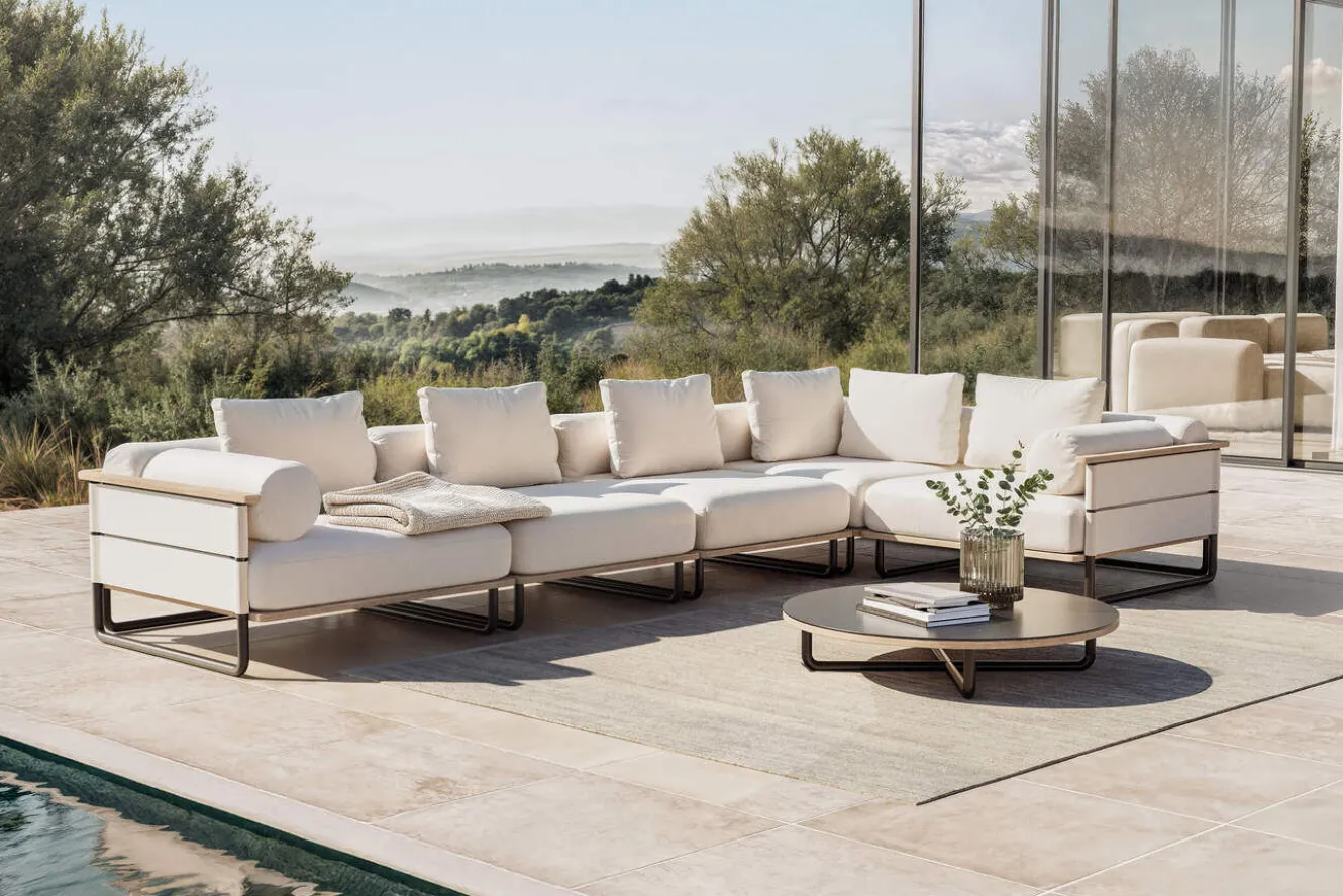 ploss Reverie M Gartenlounge, creme/anthrazit, Aluminium/Polyester/Glas, 90 x 90 cm, wetterfest, Rope-Design, Holzdekor