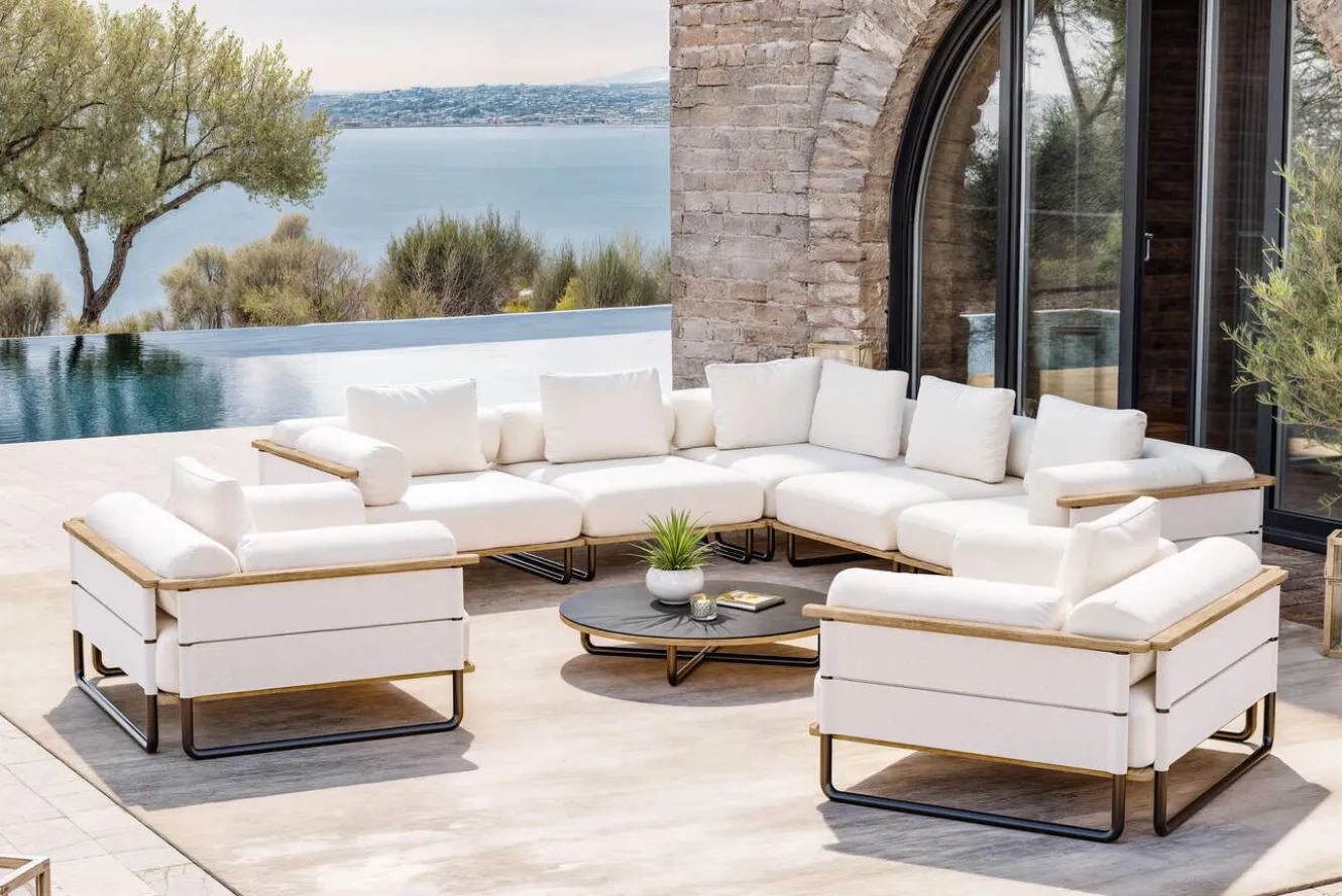 ploss Reverie XL Gartenlounge, creme/anthrazit, Aluminium/Polyester/Glas, pulverbeschichtet, Holzdekor, ca. 110 x 90 cm, inkl. Kissen