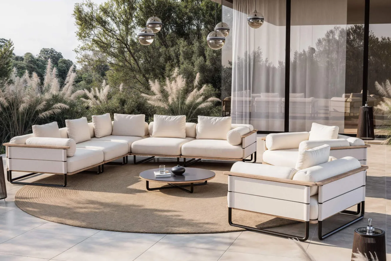 ploss Reverie XL Gartenlounge, creme/anthrazit, Aluminium/Polyester/Glas, pulverbeschichtet, Holzdekor, ca. 110 x 90 cm, inkl. Kissen