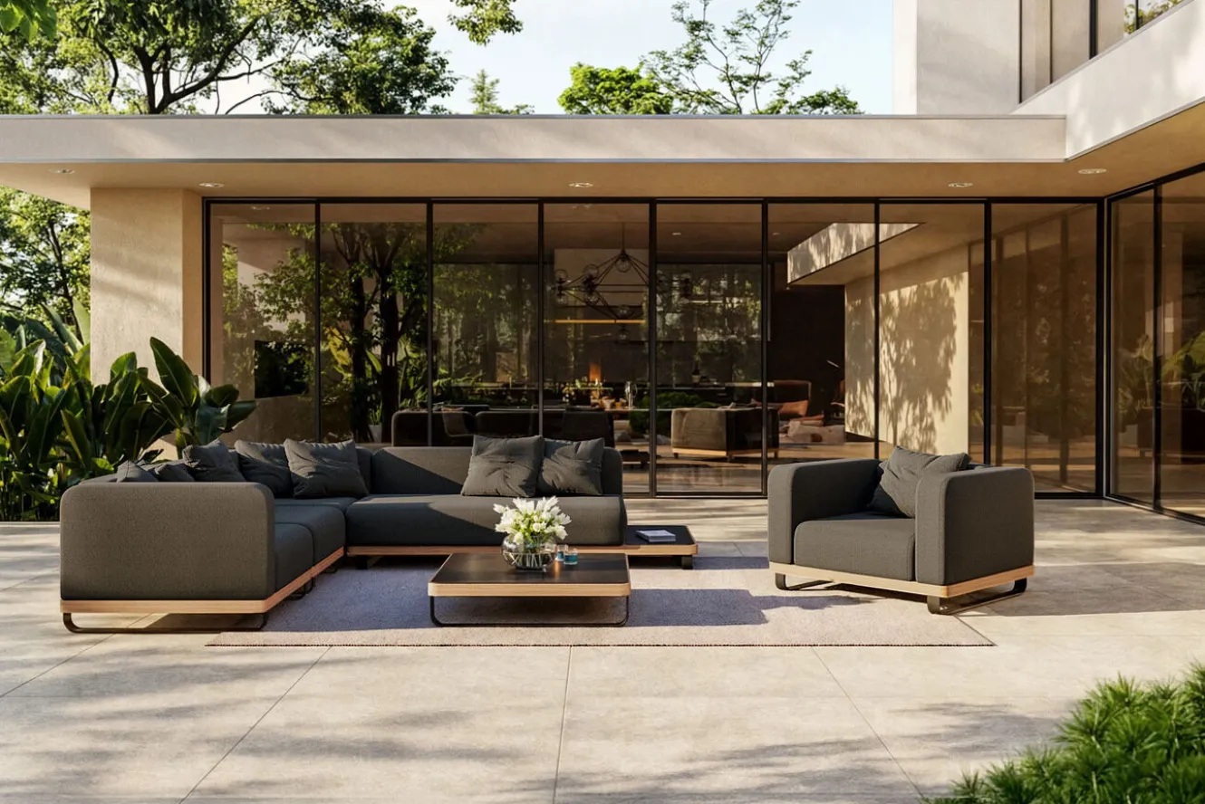 ploss Solera L Gartenlounge, anthrazit/schwarz,, Alu/Polyester/Glas, ca. 368 x 290 cm, Holzdekor, Quick Dry Foam, inkl. Polster
