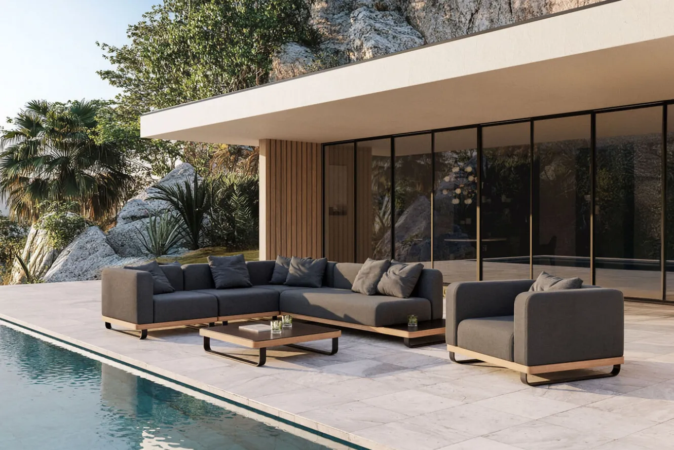 ploss Solera L Gartenlounge, anthrazit/schwarz,, Alu/Polyester/Glas, ca. 368 x 290 cm, Holzdekor, Quick Dry Foam, inkl. Polster