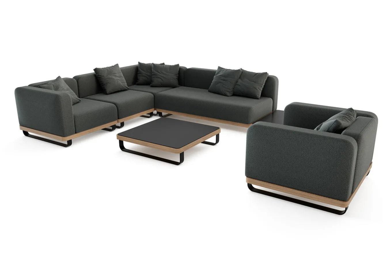 ploss Solera L Gartenlounge, anthrazit/schwarz,, Alu/Polyester/Glas, ca. 368 x 290 cm, Holzdekor, Quick Dry Foam, inkl. Polster