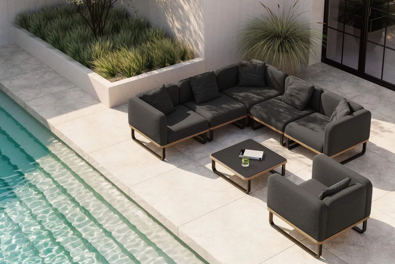 ploss Solera Light Plus Gartenlounge, anthrazit/schwarz, Alu/Polyester/Glas, Beistelltisch 80 x 80 cm, Quick Dry Foam, Holzdekor, inkl. Einsitzer-Sofa