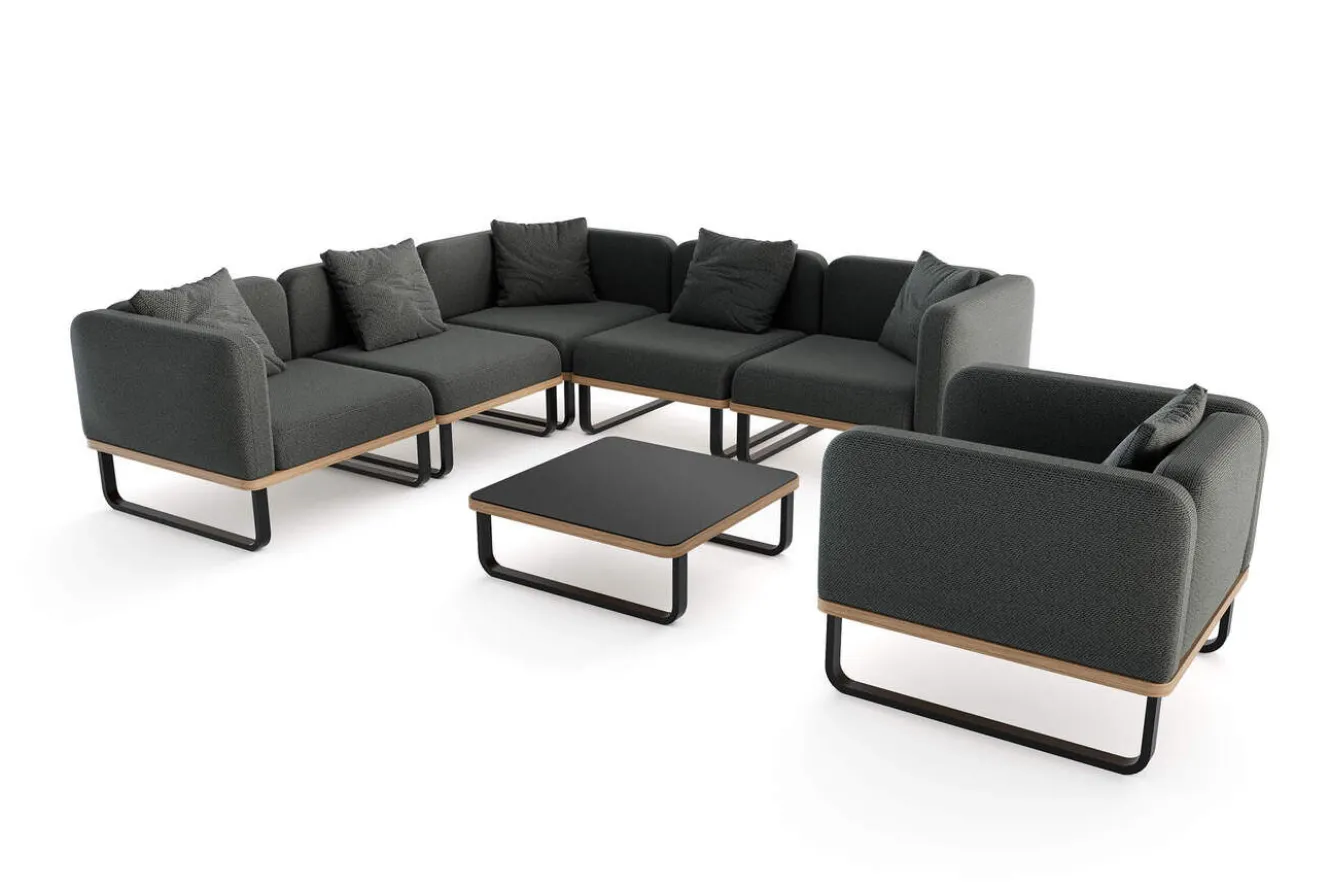 ploss Solera Light Plus Gartenlounge, anthrazit/schwarz, Alu/Polyester/Glas, Beistelltisch 80 x 80 cm, Quick Dry Foam, Holzdekor, inkl. Einsitzer-Sofa