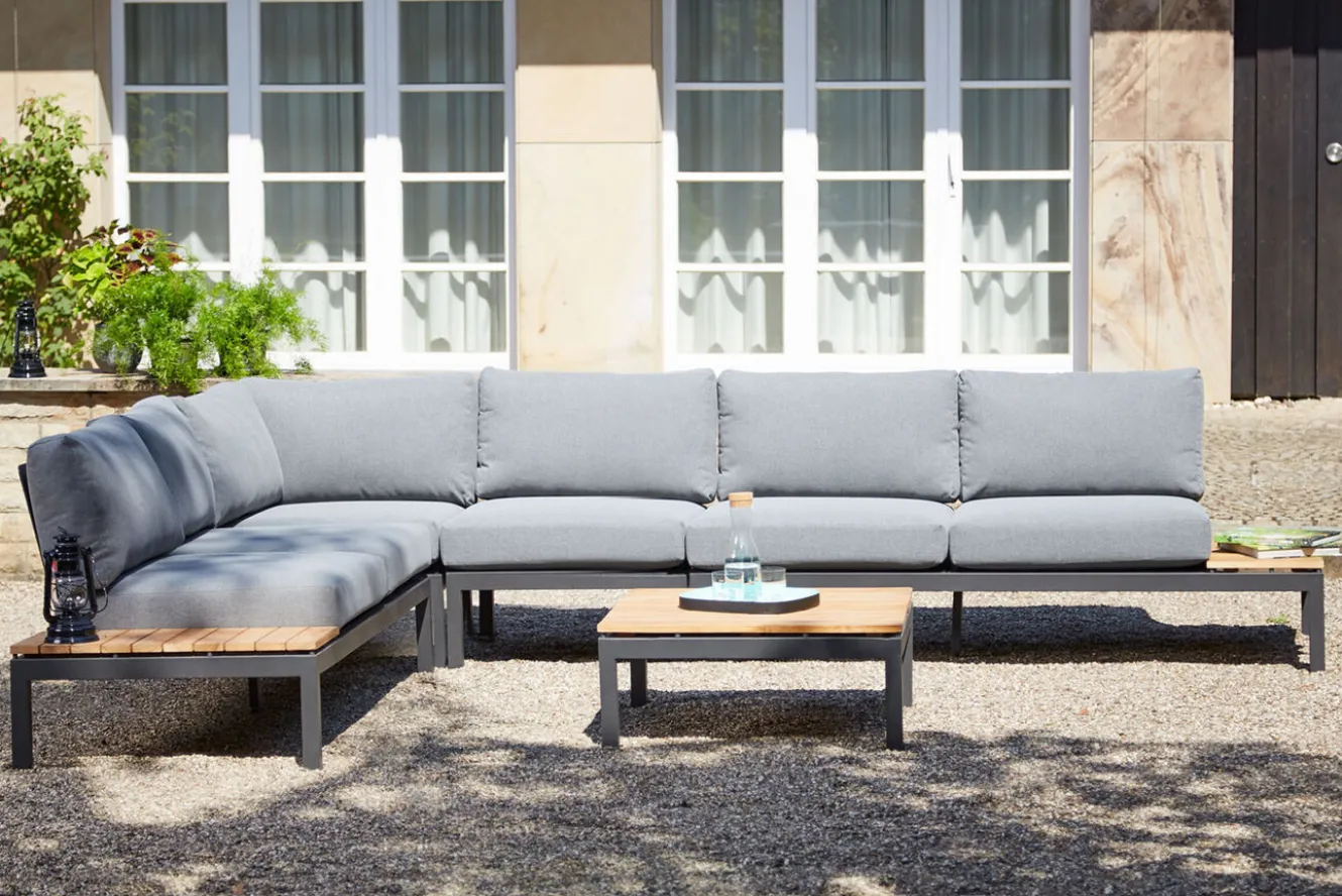 SIENA GARDEN Alvida Gartenlounge, matt anthrazit/grau, Alu/Ranotex®-Gewebe/Teak, Tisch 74x74 cm, 5 Personen, inkl. Polster