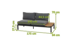 SIENA GARDEN Alvida Zweisitzer links, anthrazit/natur, Aluminium/Ranotex/Teak, 84x175x70 cm, inkl. Polster