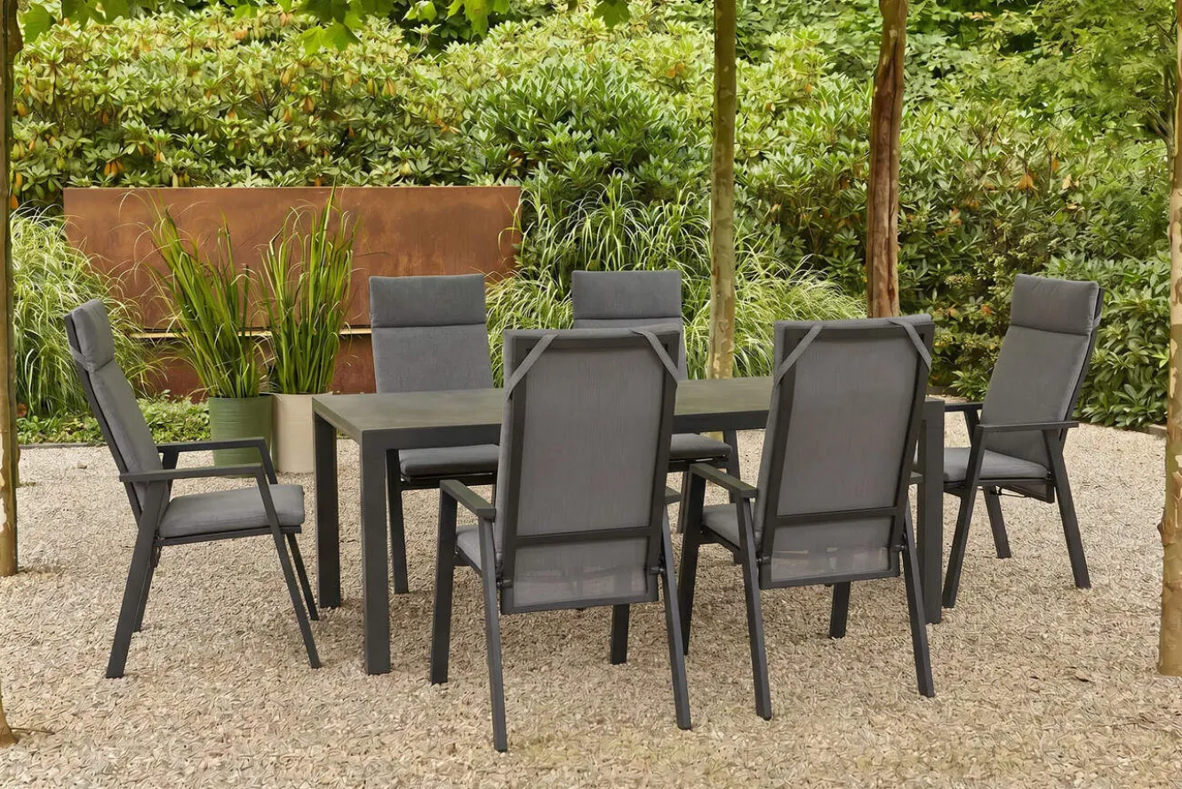 SIENA GARDEN Carlos/Valencia Garten-Essgruppe, anthrazit/grau, Alu/Textilgewebe/Keramik, Esstisch 180 x 100 cm, inkl. 6 Dining Sessel, stufenlos verstellbar