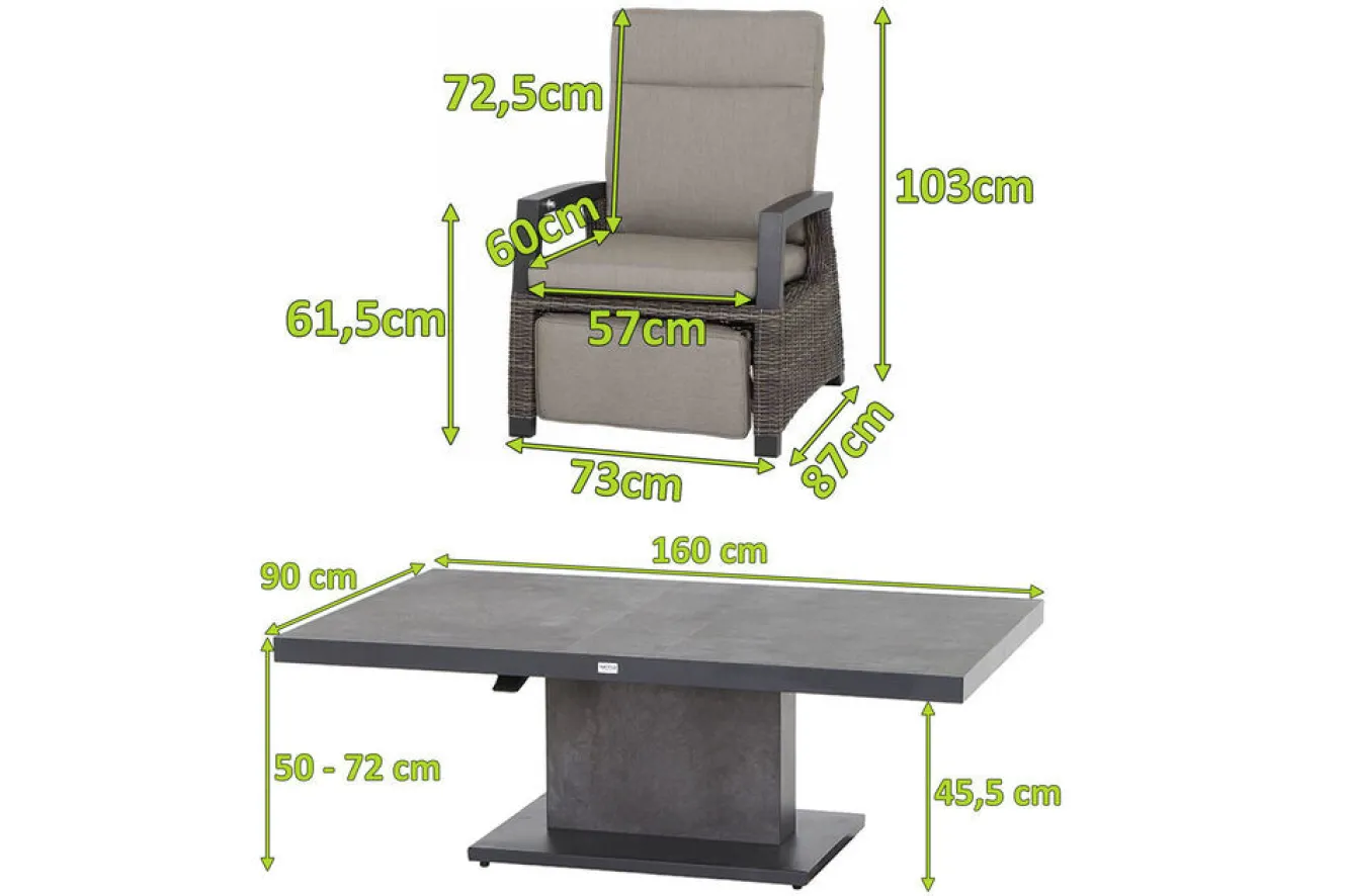 SIENA GARDEN Corido/Bellani Grau Gartenlounge, charcoal/anthrazit/grau, Alu/Gardino®-Geflecht, Lifttisch 160x90 cm, 6 Relaxsessel
