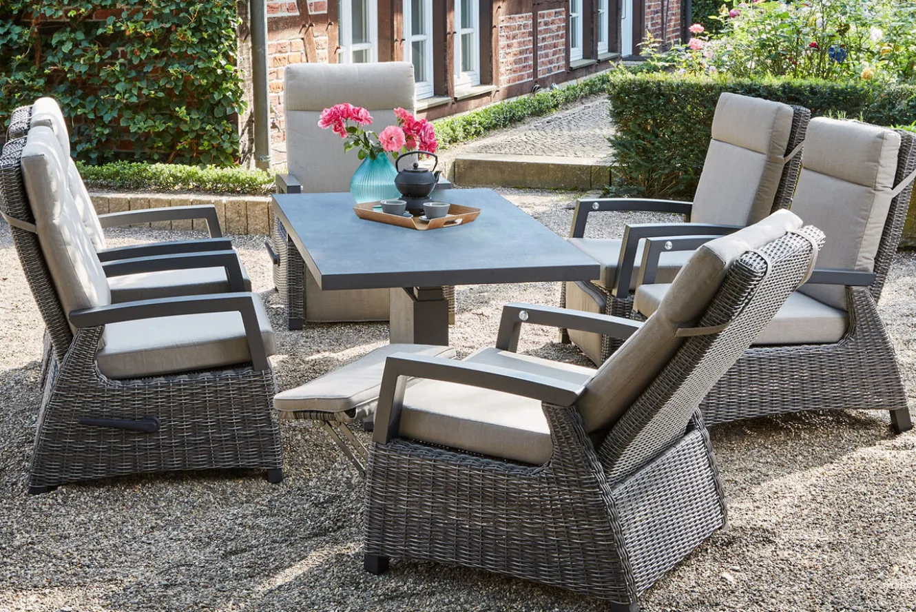 SIENA GARDEN Corido/Bellani Grau Gartenlounge, charcoal/anthrazit/grau, Alu/Gardino®-Geflecht, Lifttisch 160x90 cm, 6 Relaxsessel