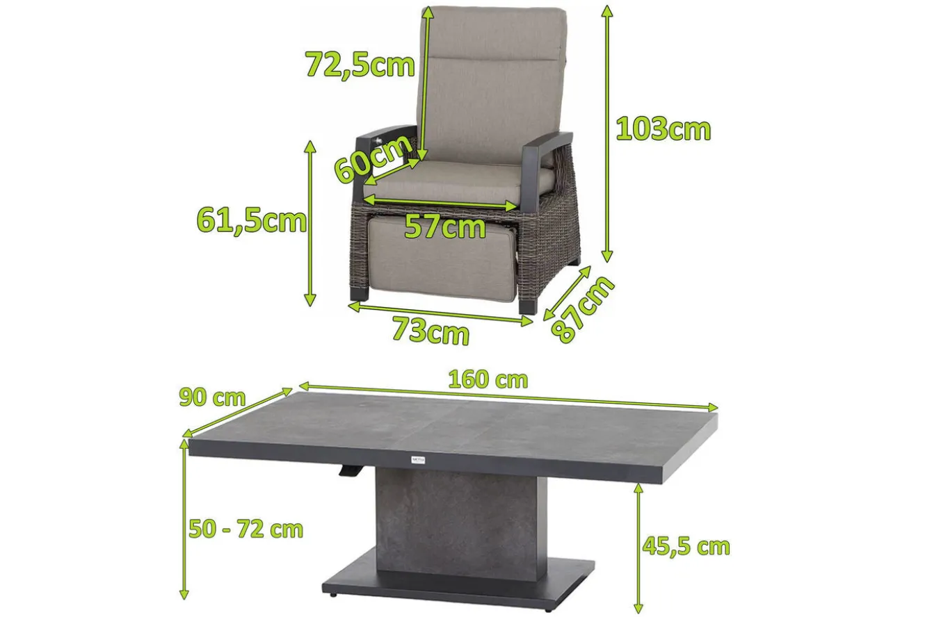 SIENA GARDEN Corido/Bellani Grau Gartenlounge, charcoal/anthrazit/grau, Alu/Gardino®-Geflecht, Lifttisch 160x90 cm, 6 Relaxsessel