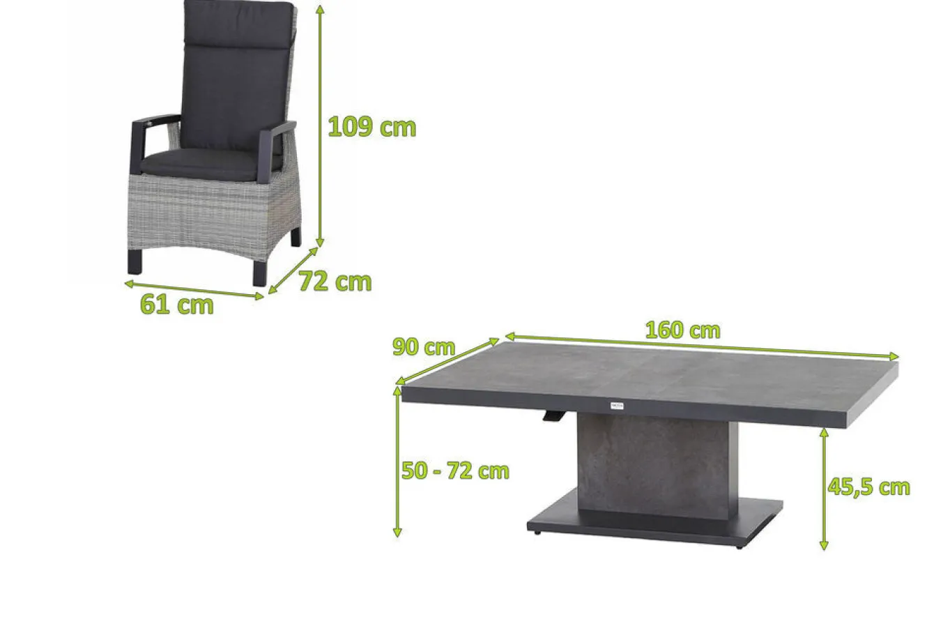 SIENA GARDEN Corido/Bellani Garten-Essgruppe, grau/anthrazit, Alu/Geflecht/Keramik, 160 x 90 x 50-72cm, inkl. 4 Diningsessel