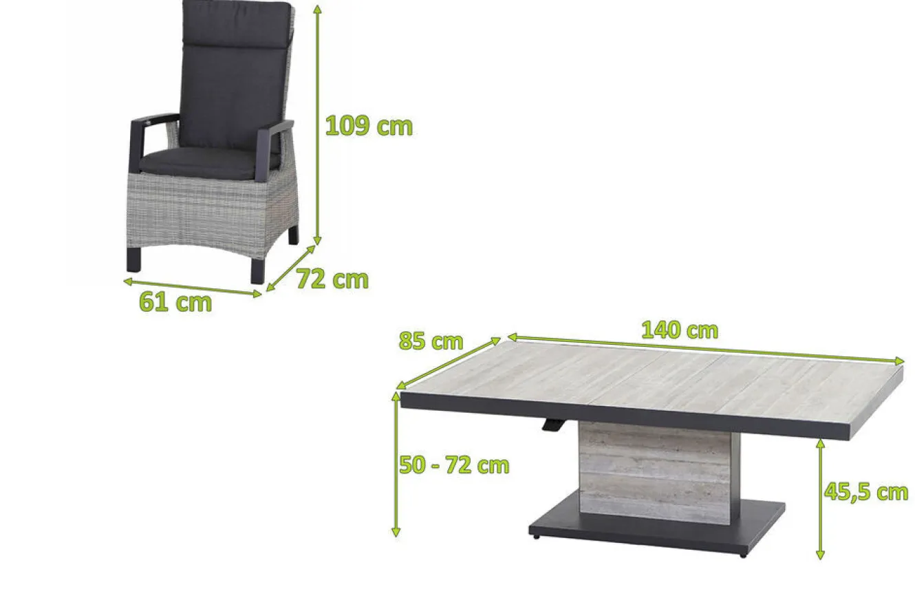 SIENA GARDEN Corido/Bellani Garten-Essgruppe, anthrazit/grau, Alu/Geflecht/Keramik, 140 x 85 x 50-72cm, inkl. 4 Diningsessel