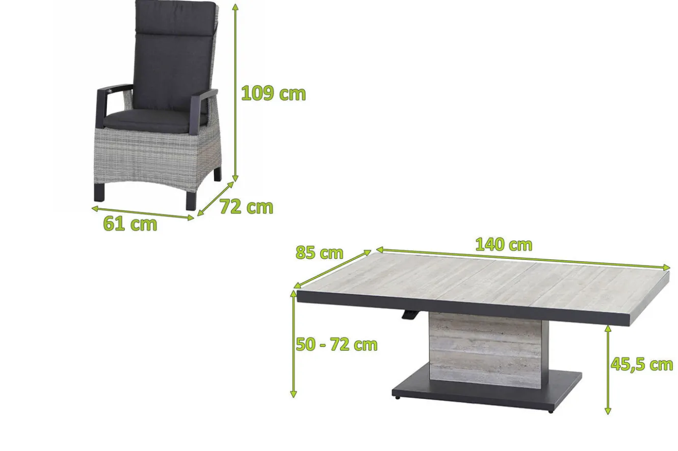 SIENA GARDEN Corido/Bellani Garten-Essgruppe, anthrazit/grau, Alu/Geflecht/Keramik, 140 x 85 x 50-72cm, inkl. 4 Diningsessel