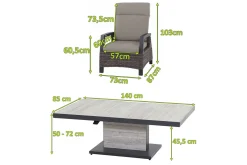 SIENA GARDEN Corido/Bellani Pinie Gartenlounge, charcoal/anthrazit/pinie-grau, Alu/Keramik/Gardino®-Geflecht, Lifttisch 140x85 cm, 4 Loungesessel