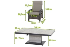 SIENA GARDEN Corido/Bellani Pinie Gartenlounge, charcoal/anthrazit/pinie-grau, Alu/Keramik/Gardino®-Geflecht, Lifttisch 140x85 cm, 4 Loungesessel